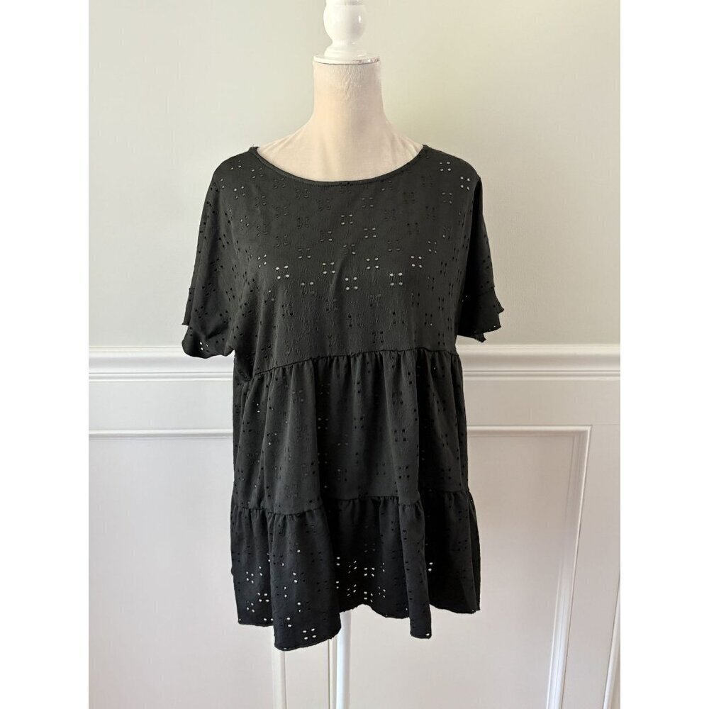 Black Pointelle Tiered Knit Top Size 1X